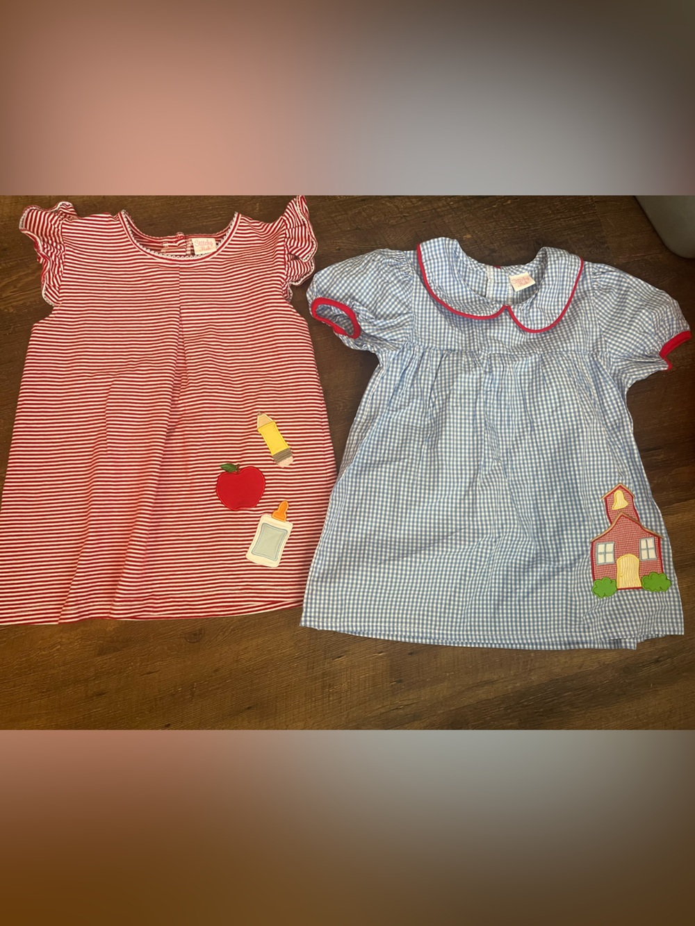 Lot of 2 Girls' Red Striped Apple Glue Pencil top Schoolhouse Shirt Top size 7